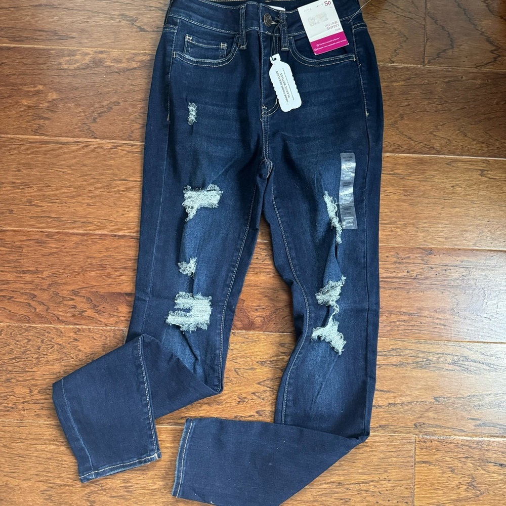 NEW SO High Rise Skinny Jeans Women’s Juniors 3/26W Dark Wash Distressed